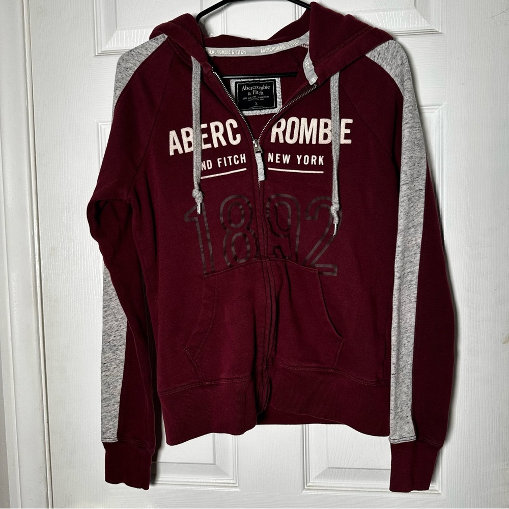 Abercrombie & Fitch, Burgundy and White Zip-Up Hoodie